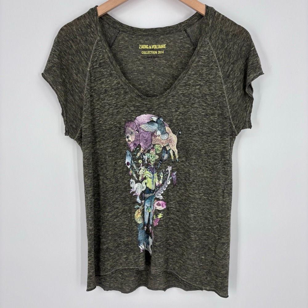 Zadig & Voltaire Scoop Neck Overdyed Graphic T-Shirt Womens Small Olive Green